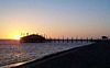 Stilt building at sundown, on the lagoon of Walsvis Bay on the Namibian coast.