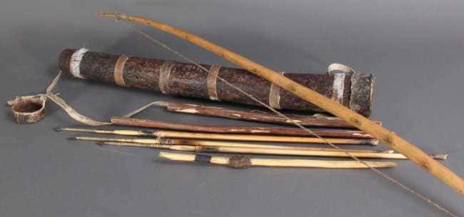 San / Bushmen bow, arrows, quiver and his fire-sticks.