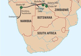 15-day Swakopmund, Namibia to Victoria Falls, Zimbabwe safari route.